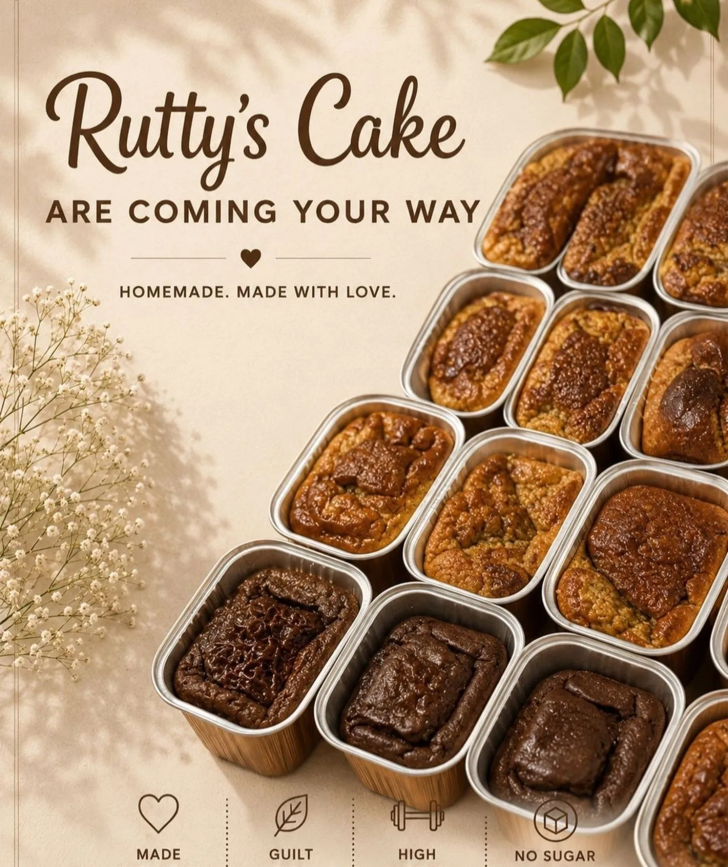 Protein cakes baked in single-serve tins, styled with baby’s breath