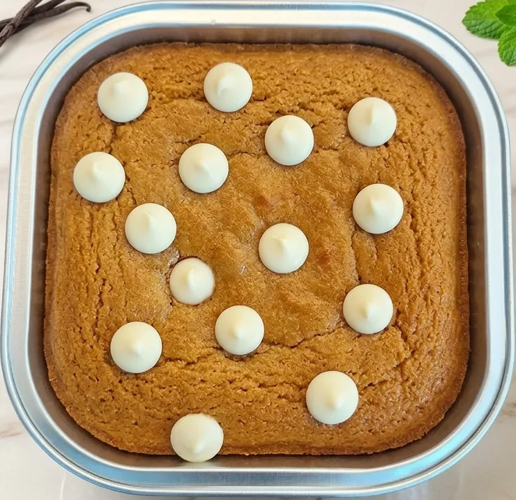 White Chocolate Chip protein cake, soft and loaded with creamy white chocolate chips